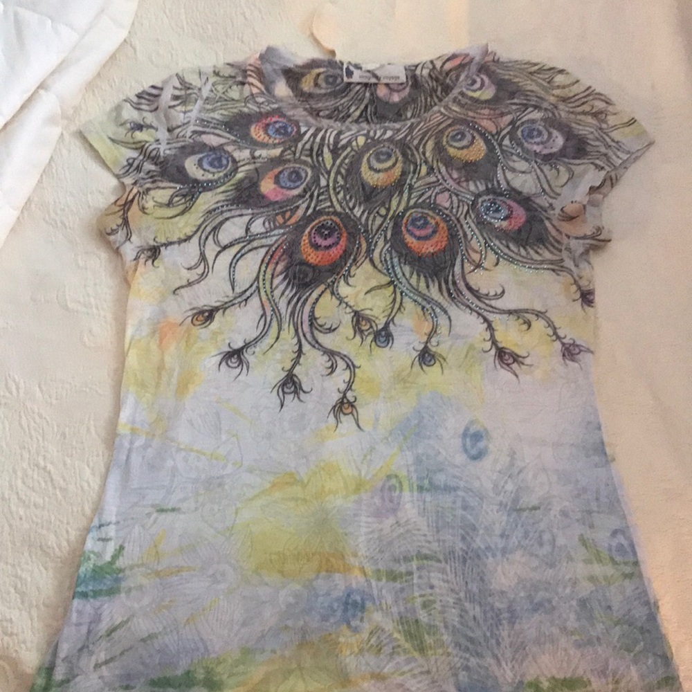 Cute Lightweight Imaginary Voyage Peacock Feather Design Shirt Size Medium